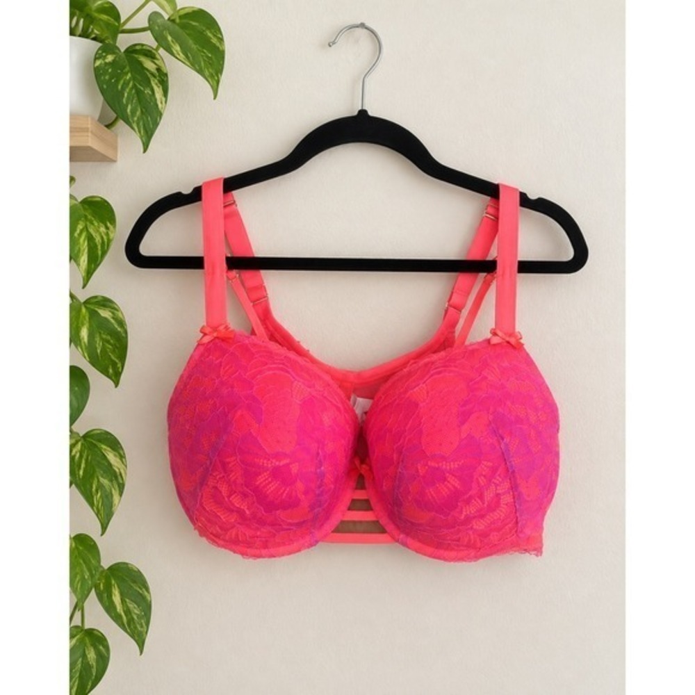 Cacique Neon Pink Orange Floral Lace Strappy Cage Underwire Bra 42C Bright Sexy